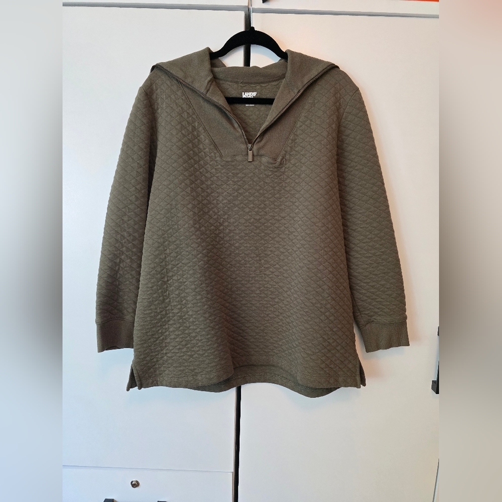 Lands' End Olive Quilted Half-Zip Pullover Large